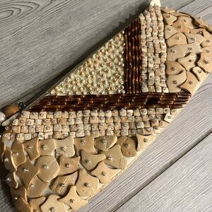 Sun & Sand Elegant Tan and Cream wood Beaded Clutch